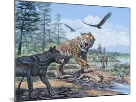 A Pack of Canis Dirus Wolves Approach a Smilodon and its Prey-null-Mounted Art Print
