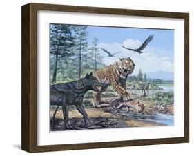 A Pack of Canis Dirus Wolves Approach a Smilodon and its Prey-null-Framed Art Print