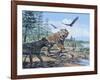 A Pack of Canis Dirus Wolves Approach a Smilodon and its Prey-null-Framed Art Print