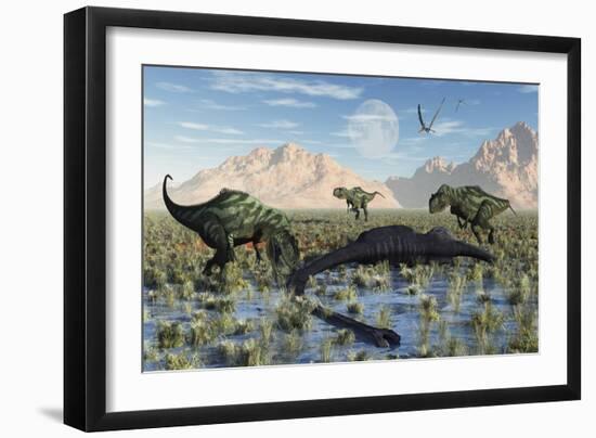 A Pack of Carnivorous Yangchuanosarurs Make a Meal of a Dead Omeisaurus-Stocktrek Images-Framed Art Print