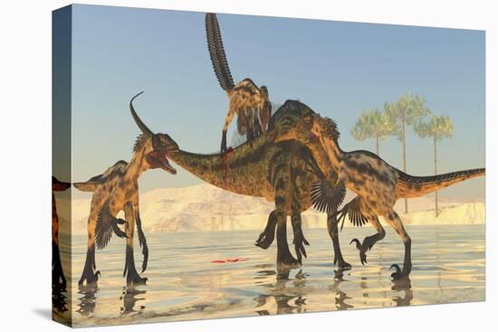 A Pack of Deinonychus Dinosaurs Attack a Tenontosaurus-null-Stretched Canvas