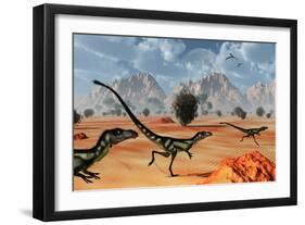 A Pack of Dilong Tyrannosaurid Dinosaurs Hunting-null-Framed Art Print