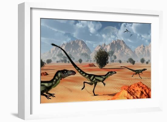 A Pack of Dilong Tyrannosaurid Dinosaurs Hunting-null-Framed Art Print