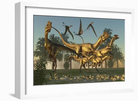 A Pack of Dilophosaurus Dinosaurs Hunting for Prey-null-Framed Art Print