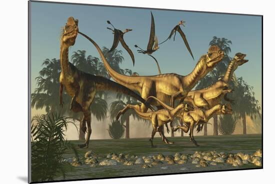 A Pack of Dilophosaurus Dinosaurs Hunting for Prey-null-Mounted Art Print