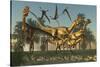 A Pack of Dilophosaurus Dinosaurs Hunting for Prey-null-Stretched Canvas