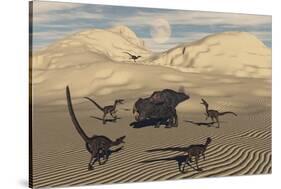 A Pack of Velociraptors Encircling a Lone Protoceratops-null-Stretched Canvas