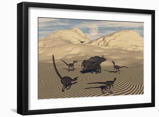 A Pack of Velociraptors Encircling a Lone Protoceratops-null-Framed Art Print