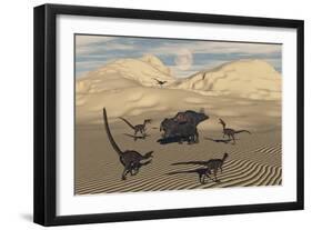 A Pack of Velociraptors Encircling a Lone Protoceratops-null-Framed Art Print