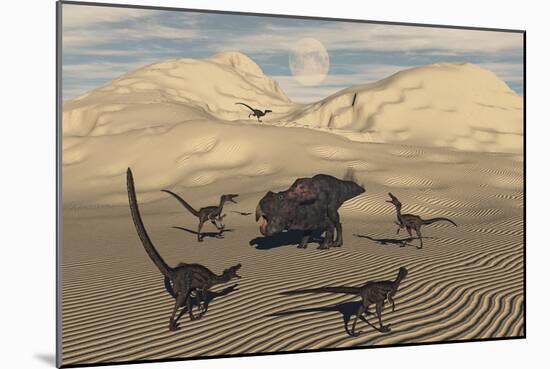 A Pack of Velociraptors Encircling a Lone Protoceratops-null-Mounted Art Print