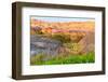 A painterly image of softer hoodoos set against a row of wildflowers and grass.-Sheila Haddad-Framed Photographic Print