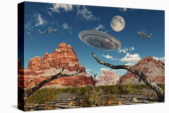 A Pair of Ah-64 Apache Black Ops Helicopters Chasing a Flying Saucer-null-Stretched Canvas