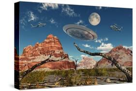A Pair of Ah-64 Apache Black Ops Helicopters Chasing a Flying Saucer-null-Stretched Canvas