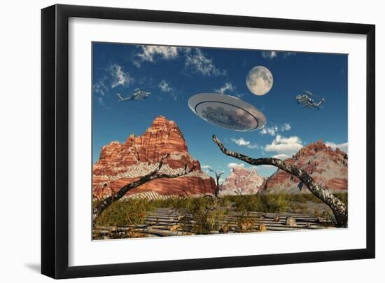 A Pair of Ah-64 Apache Black Ops Helicopters Chasing a Flying Saucer-null-Framed Art Print