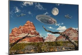 A Pair of Ah-64 Apache Black Ops Helicopters Chasing a Flying Saucer-null-Mounted Art Print