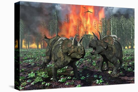 A Pair of Albertaceratops Running Away from a Forest Fire-null-Stretched Canvas