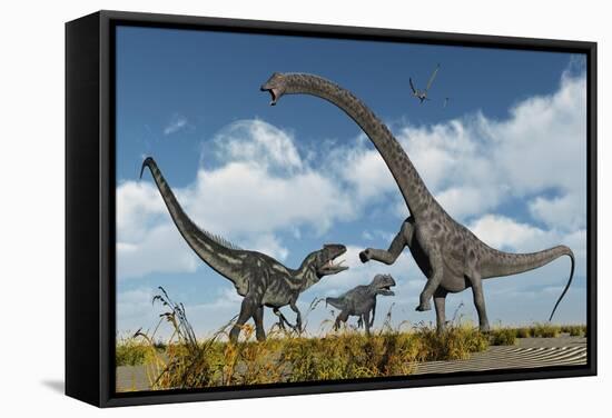 A Pair of Allosaurus Dinosaurs Confront a Giant Diplodocus-null-Framed Stretched Canvas