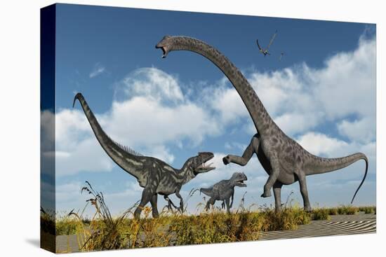 A Pair of Allosaurus Dinosaurs Confront a Giant Diplodocus-null-Stretched Canvas