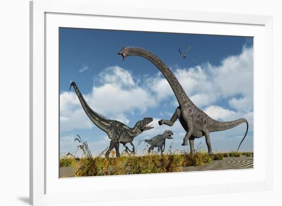 A Pair of Allosaurus Dinosaurs Confront a Giant Diplodocus-null-Framed Art Print