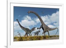 A Pair of Allosaurus Dinosaurs Confront a Giant Diplodocus-null-Framed Art Print