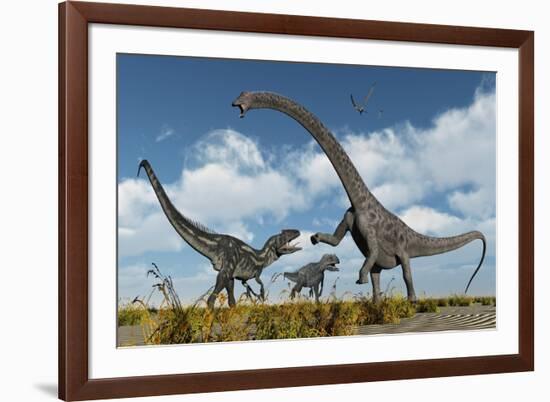 A Pair of Allosaurus Dinosaurs Confront a Giant Diplodocus-null-Framed Art Print