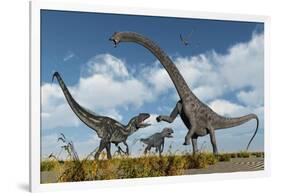 A Pair of Allosaurus Dinosaurs Confront a Giant Diplodocus-null-Framed Art Print