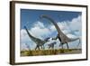 A Pair of Allosaurus Dinosaurs Confront a Giant Diplodocus-null-Framed Art Print