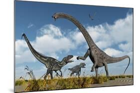 A Pair of Allosaurus Dinosaurs Confront a Giant Diplodocus-null-Mounted Art Print