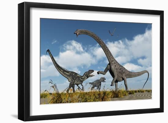 A Pair of Allosaurus Dinosaurs Confront a Giant Diplodocus-null-Framed Art Print