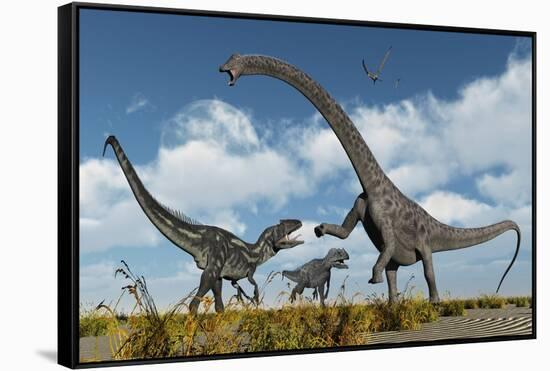 A Pair of Allosaurus Dinosaurs Confront a Giant Diplodocus-null-Framed Stretched Canvas