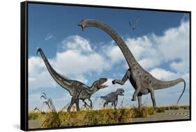 A Pair of Allosaurus Dinosaurs Confront a Giant Diplodocus-null-Framed Stretched Canvas