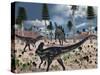 A Pair of Allosaurus Dinosaurs Confront a Lone Stegosaurus-Stocktrek Images-Stretched Canvas