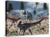 A Pair of Allosaurus Dinosaurs Confront a Lone Stegosaurus-Stocktrek Images-Stretched Canvas