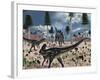 A Pair of Allosaurus Dinosaurs Confront a Lone Stegosaurus-Stocktrek Images-Framed Photographic Print