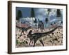 A Pair of Allosaurus Dinosaurs Confront a Lone Stegosaurus-Stocktrek Images-Framed Photographic Print