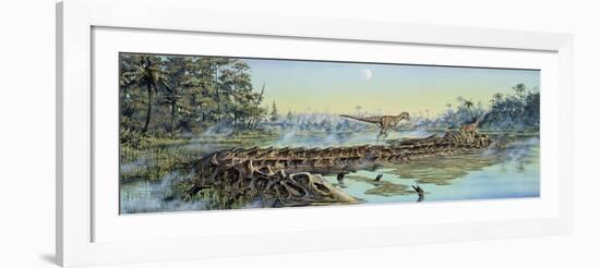 A Pair of Allosaurus Dinosaurs Explore the Remains of a Diplodocus Carcass-null-Framed Art Print