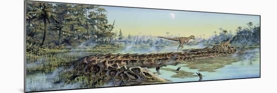 A Pair of Allosaurus Dinosaurs Explore the Remains of a Diplodocus Carcass-null-Mounted Art Print