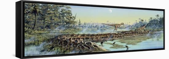 A Pair of Allosaurus Dinosaurs Explore the Remains of a Diplodocus Carcass-null-Framed Stretched Canvas