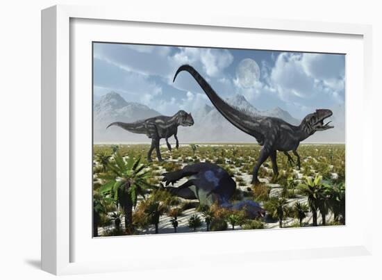 A Pair of Allosaurus Dinosaurs Kill a Camptosaurus Dinosaur-null-Framed Art Print