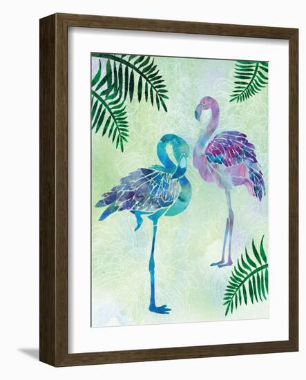 A pair of Blue Coast Flamingos with Palm fronds-Bee Sturgis-Framed Art Print