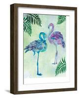 A pair of Blue Coast Flamingos with Palm fronds-Bee Sturgis-Framed Art Print