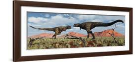 A Pair of Carnotaurus Dinosaurs in a Territorial Dispute-null-Framed Art Print