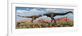 A Pair of Carnotaurus Dinosaurs in a Territorial Dispute-null-Framed Premium Giclee Print