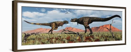 A Pair of Carnotaurus Dinosaurs in a Territorial Dispute-null-Framed Premium Giclee Print