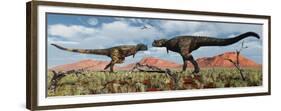 A Pair of Carnotaurus Dinosaurs in a Territorial Dispute-null-Framed Premium Giclee Print