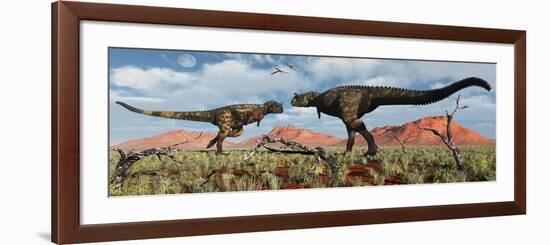 A Pair of Carnotaurus Dinosaurs in a Territorial Dispute-null-Framed Premium Giclee Print