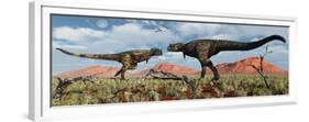 A Pair of Carnotaurus Dinosaurs in a Territorial Dispute-null-Framed Premium Giclee Print