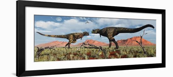 A Pair of Carnotaurus Dinosaurs in a Territorial Dispute-null-Framed Art Print