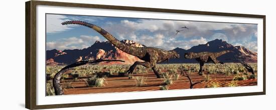 A Pair of Carnotaurus Dinosaurs in a Territorial Dispute-null-Framed Premium Giclee Print