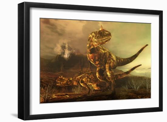 A Pair of Carnotaurus Dinosaurs on the Prowl-null-Framed Art Print